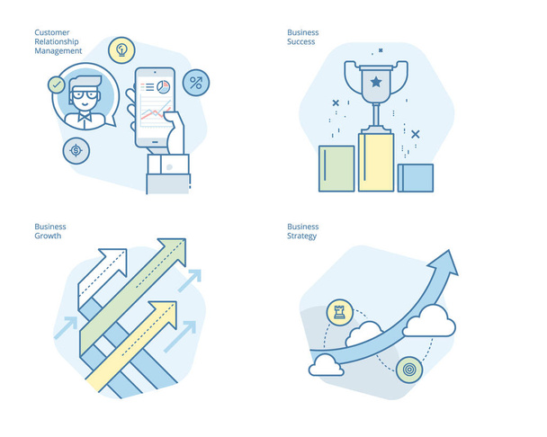 Serie di icone della linea concettuale per CRM, strategia aziendale, crescita e successo
 - Vettoriali, immagini