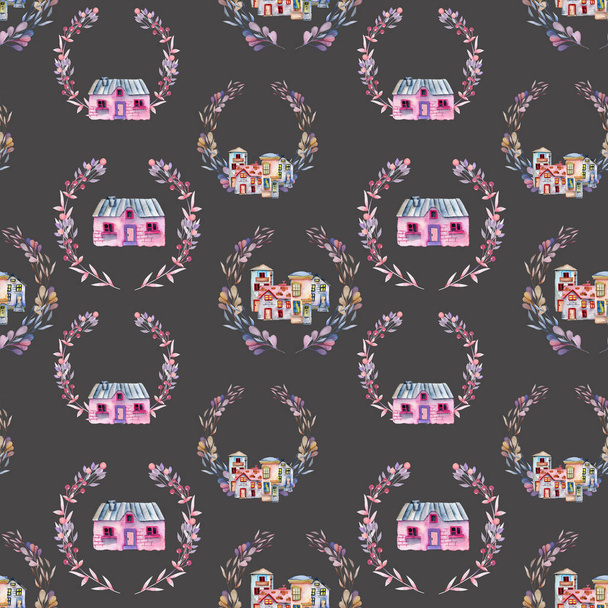 Seamless pattern with watercolor cartoon houses inside the floral wreaths in purple shades - Photo, Image