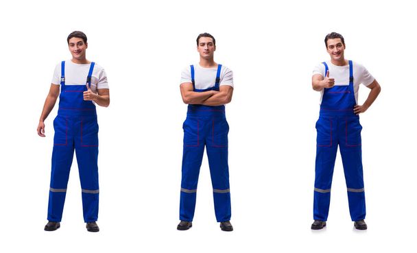 Handsome repairman wearing blue coveralls on white - Foto, immagini