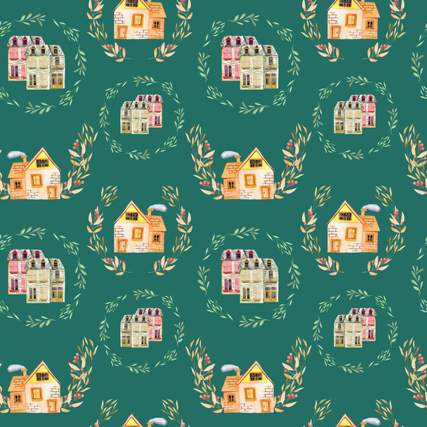 Seamless pattern with watercolor english cartoon houses inside the floral wreaths - Photo, Image