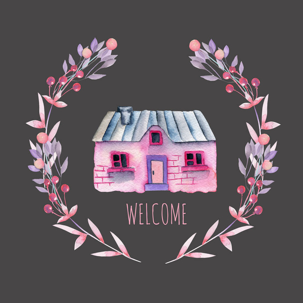 Акварель мультфильм частный дом внутри цветочный венок в фиолетовый и розовый оттенки
 - Фото, изображение