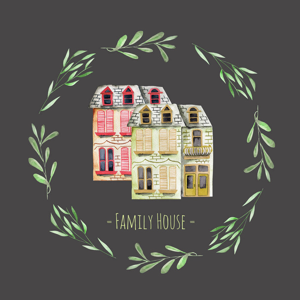 Case inglesi ad acquerello all'interno di ghirlanda floreale, con un'iscrizione "Family House"
 - Foto, immagini