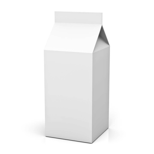Caja de leche en blanco o caja de jugo paquete minorista aislado sobre fondo blanco con sombra y reflexión. Renderizado 3D
 - Foto, Imagen