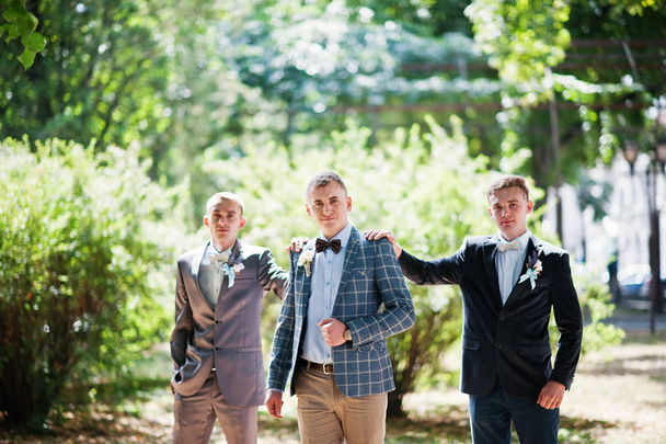 Handsome groom with his groomsmen walking in the park next to th - Foto, afbeelding