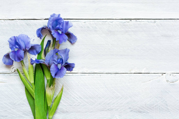 blue iris flowers over white wooden background - Foto, afbeelding