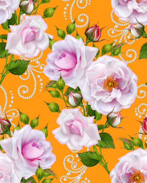 Floral seamless pattern, bud of a beautiful pink rose, long, high stems. - Foto, imagen