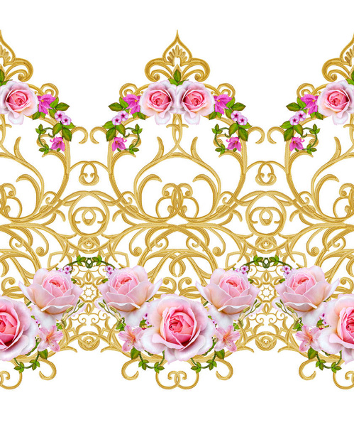 Flower garland of pink roses. Seamless pattern. Golden textured curls. Oriental style arabesques. Brilliant lace. Openwork weaving delicate. - Photo, Image