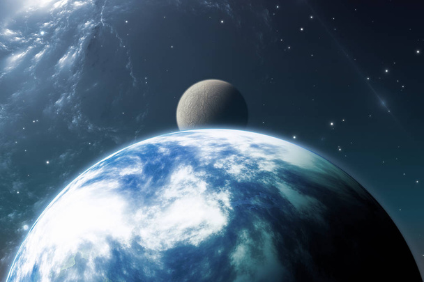 Η γη σαν πλανήτης ή εξωηλιακός πλανήτης με φεγγάρι. 3D απεικόνιση - Φωτογραφία, εικόνα