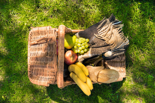 Kosz piknikowy z owocami i plaid  - Zdjęcie, obraz