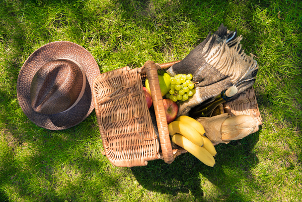 Picnic basket with fruits and plaid  - Fotoğraf, Görsel