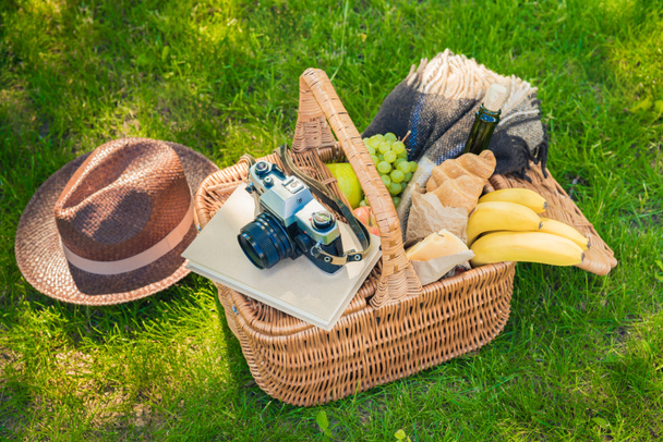 Picnic basket with fruits and camera  - Foto, afbeelding