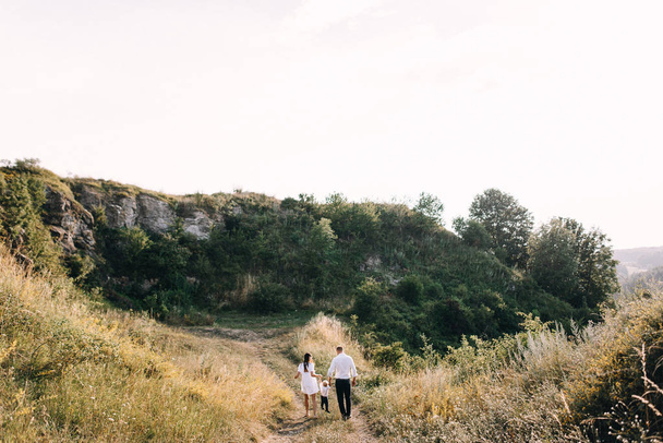 Nuori perhe kävelee niityllä
 - Valokuva, kuva