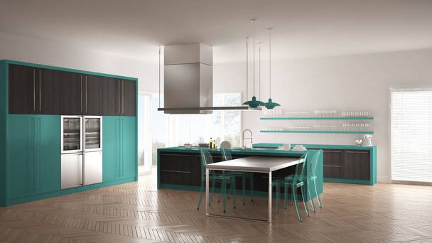Minimalistische, moderne keuken met tafel, stoelen en parket vloer - Foto, afbeelding