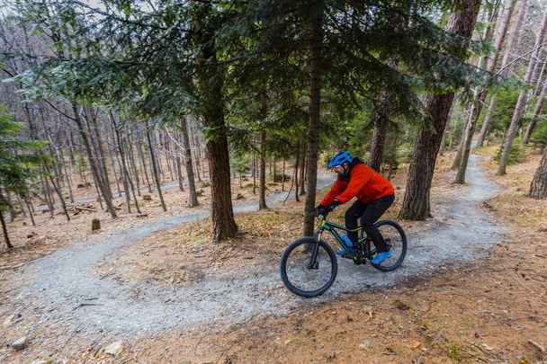 Mountain biker riding on bike in early spring mountains forest l - Photo, image
