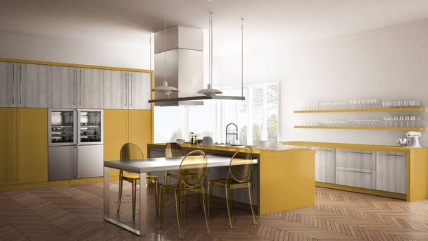 Minimalistinen moderni keittiö pöytä, tuolit ja parkettilattia
 - Valokuva, kuva