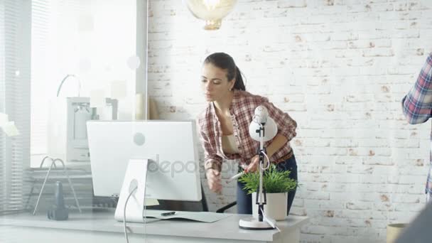 Beautiful Young Woman Walks Through Creative Office Where man and Woman Work with Whiteboard and Computers. - Filmmaterial, Video