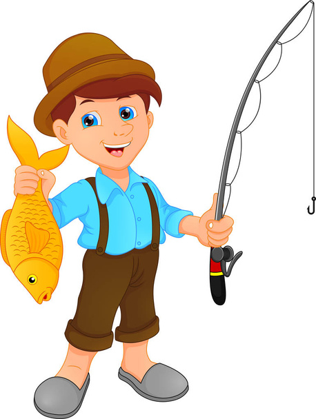 kreslený chlapec rybářských hospodářství ryb - Vektor, obrázek