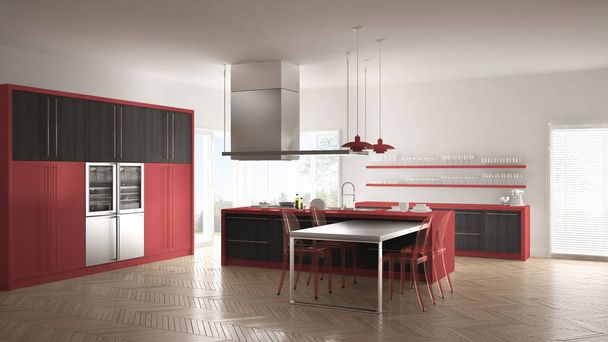Minimalistische, moderne keuken met tafel, stoelen en parket vloer - Foto, afbeelding