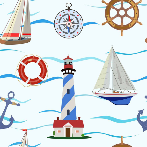 Seamless pattern on the sea and sailing theme. Vector illustration. - Vector, Image