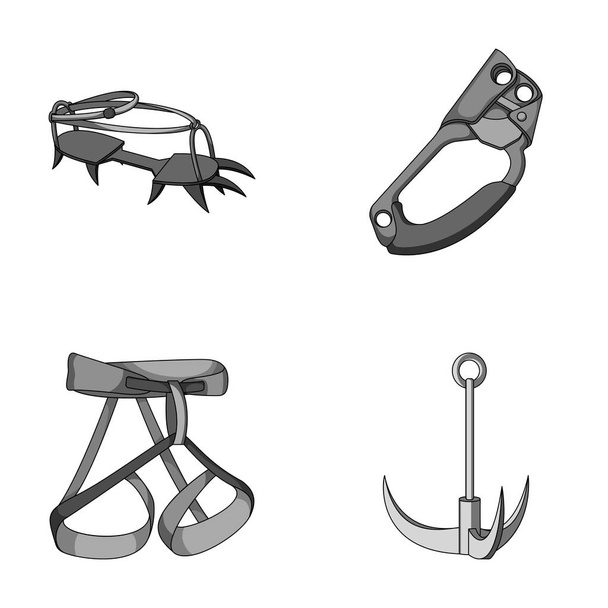 Hook, mountaineer harness, insurance and other equipment.Mountaineering set collection icons in monochrome style vector symbol stock illustration web. - Vektor, obrázek