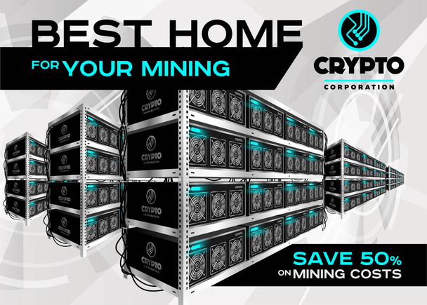 Gedetailleerde vectorillustratie van een Bitcoin Mining Farm in perspectief. Rekken van mijnbouw Machines op de Server-Farm. - Vector, afbeelding