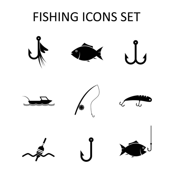 Fishing icons set. Silhouette vector illustration - Vector, Image