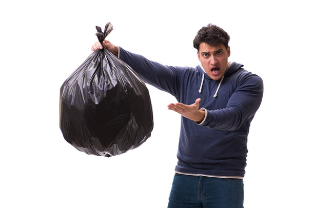 Man with garbage sack isolated on white - Photo, Image