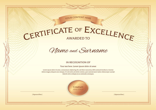 Certificate of excellence template with award ribbon on abstract guilloche background with vintage border style - Vector, Image