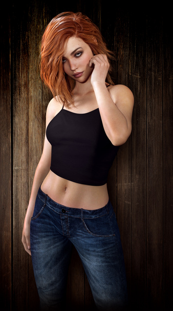 Красивая рыжая девушка в джинсах
 - Фото, изображение