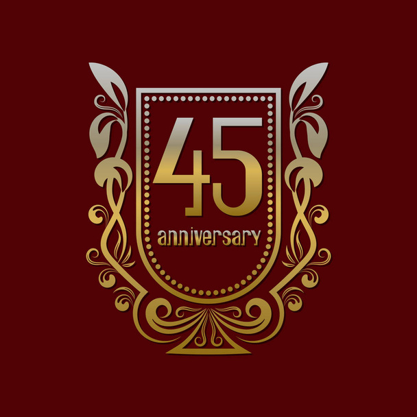 Fünfundvierzigster Jahrestag Vintage Logo Symbol. Goldenes Emblem mit Ziffern auf Schild im Kranz. - Vektor, Bild
