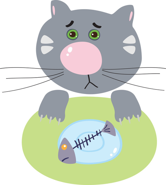 Sad cat with a skeleton of fish - Vector, Image