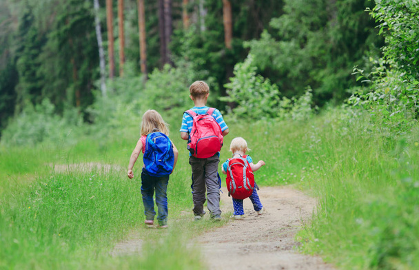 tres niños van a la escuela o senderismo en la naturaleza
 - Foto, imagen