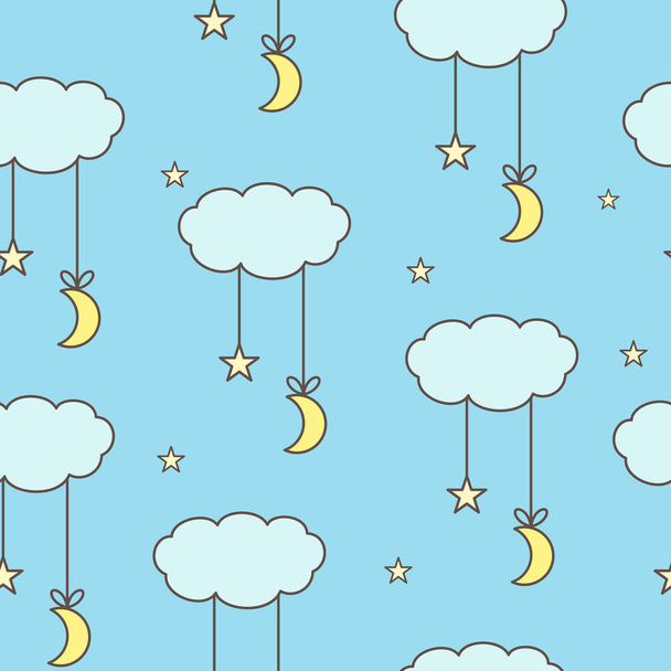 Clouds, stars and moon seamless vector background in cartoon style - Vektör, Görsel