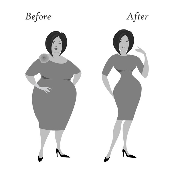 Mujer regordeta y la misma mujer después de perder peso
 - Vector, imagen