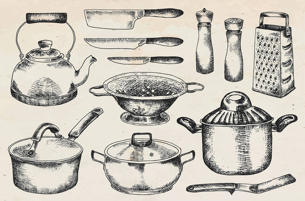 キッチン用品セットです。美しい食器とキッチン用品のイラスト - ベクター画像