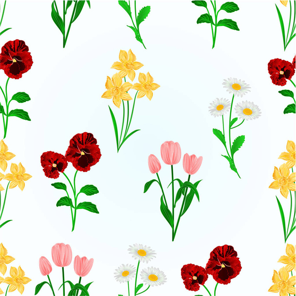 Naadloze textuur lente bloemen viooltjes, tulpen, narcissen en madeliefjes vintage botanische vectorillustratie - Vector, afbeelding