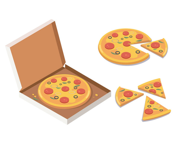 Pizza isométrica en la caja de cartón abierta, sabrosa pizza entera, rebanadas
.  - Vector, Imagen