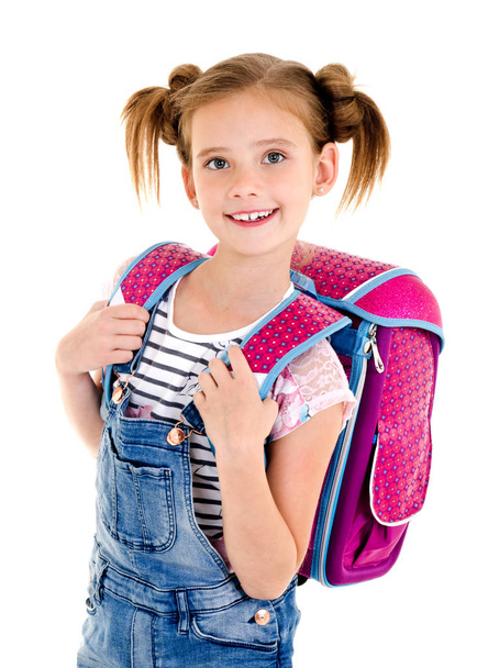 Portrait of smiling happy school girl child with school bag isol - Photo, Image