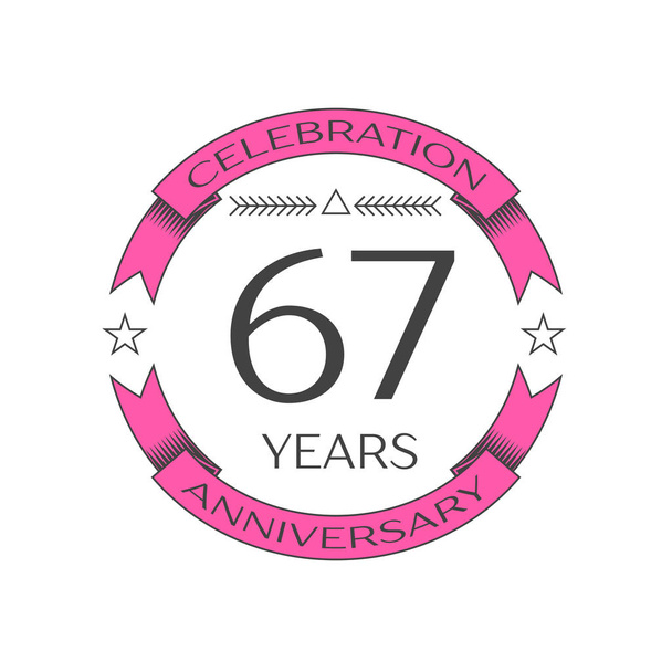 Realistic sixty seven years anniversary celebration logo with ring and ribbon on white background. Vector template for your design - Vector, Image