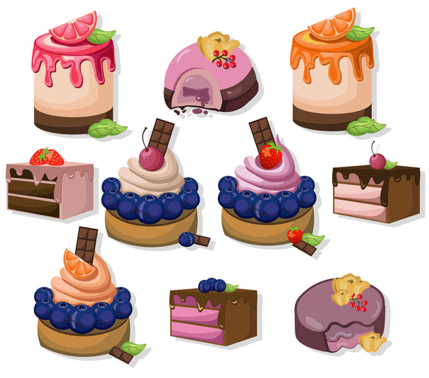 Mousse chocolate delicious cakes set collection. Sweet dessert blackberry flavors Vector illustration - Вектор, зображення