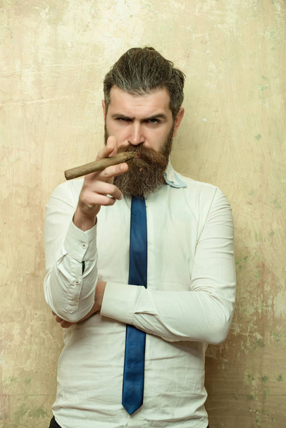 bearded man on serious face smoking cigar - Фото, зображення