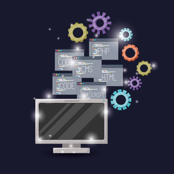 blauer dunkler Hintergrund mit Helligkeit des Anzeigecomputers und Getriebemechanismus mit eingestellten Programmfenstern der Programmiersprache-Codes - Vektor, Bild
