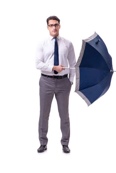 Молодий бізнесмен з парасолькою ізольовані на білому
 - Фото, зображення