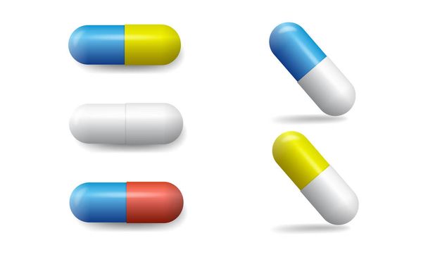 Joukko vektorin värillisiä kapseleita lääkkeitä ja pillereitä
 - Vektori, kuva