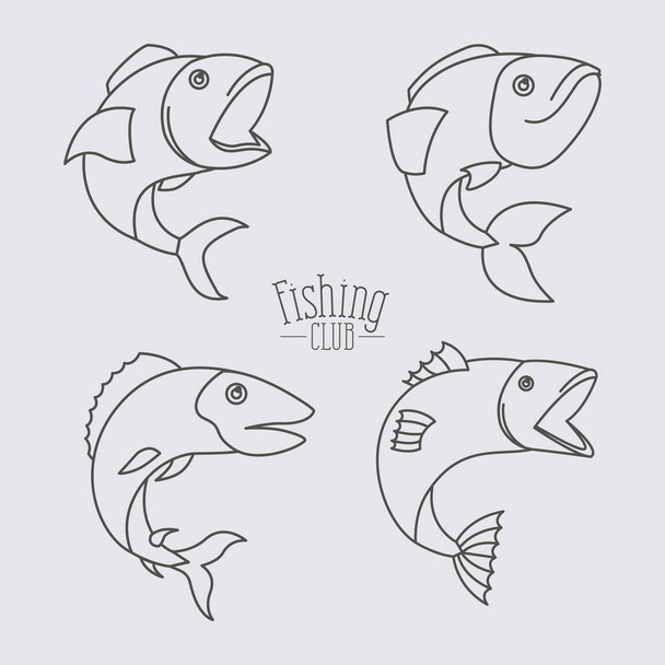 σκίτσο σιλουέτα τύπων ψαριών και λογότυπο κειμένου ψάρεμα club στο κέντρο - Διάνυσμα, εικόνα