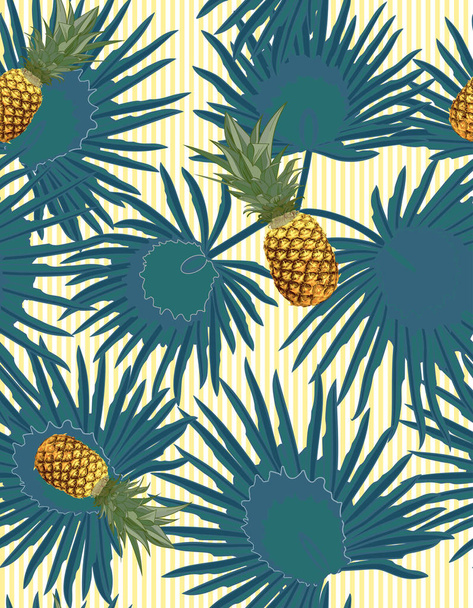 Tropical seamless pattern with pineapples, exotic palm leaves on dark background. - Vector, Image
