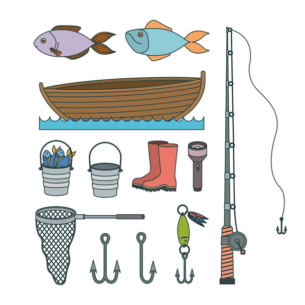 kolorowy zestaw kolekcji elementów szkicu, do wędkarstwo - Wektor, obraz