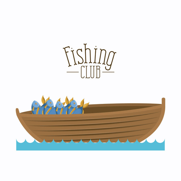 білий фоновий човен з відром, повним риби та текстового логотипу рибальського клубу
 - Вектор, зображення