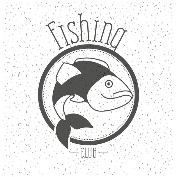 white background with sparkle of monochrome silhouette emblem with fish logo fishing club - Vector, Image