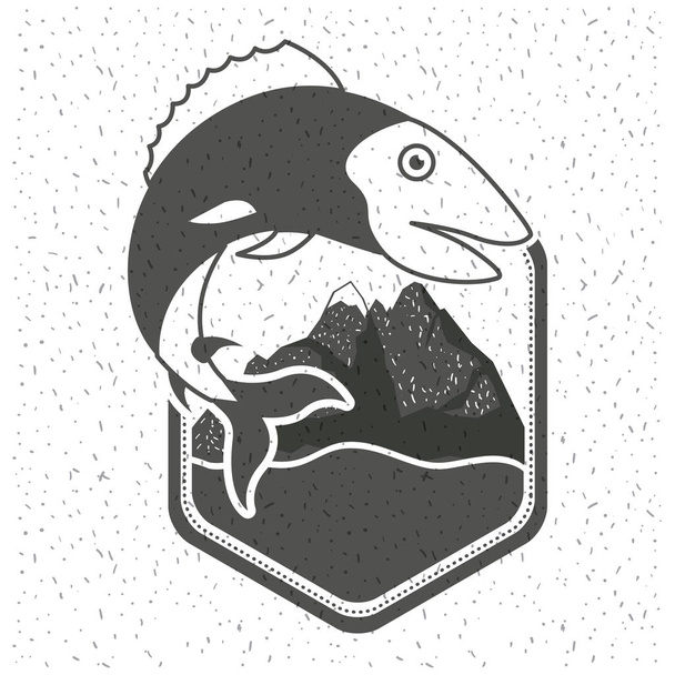 білий фон з іскрою монохромної силуетної емблеми з рибою та горами з річкою
 - Вектор, зображення